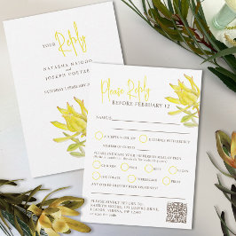 Gelbe Aquarellquelle Blume Hochzeit QR Mahlzeiten RSVP Karte