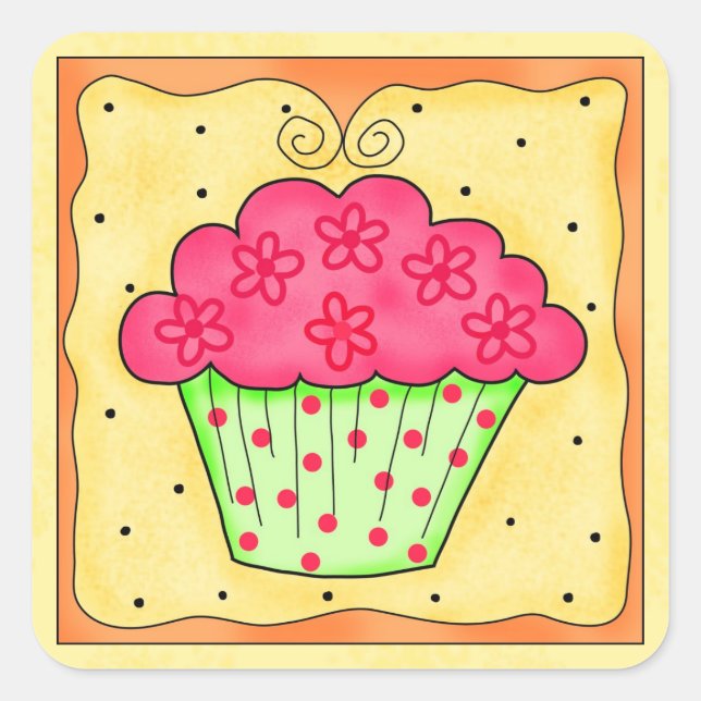 Gelbe Aufkleber mit grünem und rotem Cupcake (Vorderseite)