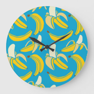 Gelbe Bananen, blaues Hintergrundmuster Große Wanduhr