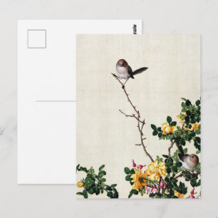 Gelbe Barbere und Fisch mit Peony Fine Art Postkarte