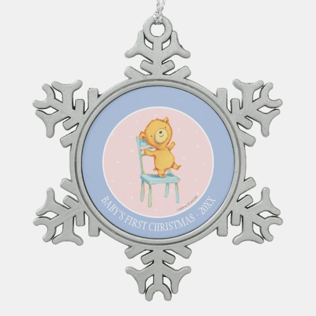 Gelbe Bärn-Tänze und Spiele auf Stuhl Schneeflocken Zinn-Ornament (Vorderseite)