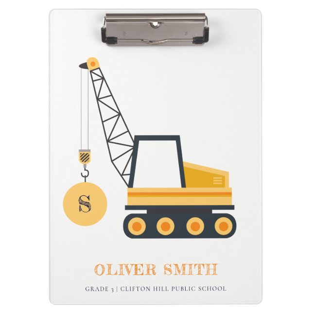 Gelbe Baukrane Monogramm Boys Klemmbrett (Vorderseite)
