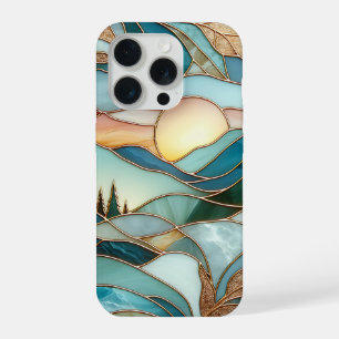 Gelbe Berggipfel-Wald-Buntglas-Kunst iPhone 15 Pro Hülle