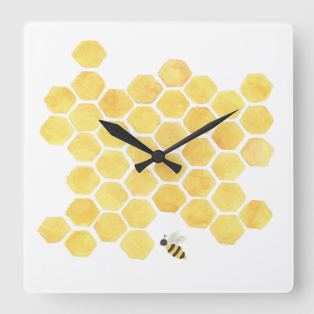Gelbe Bienenwabenbienen-Wanduhr Quadratische Wanduhr (Vorderseite)