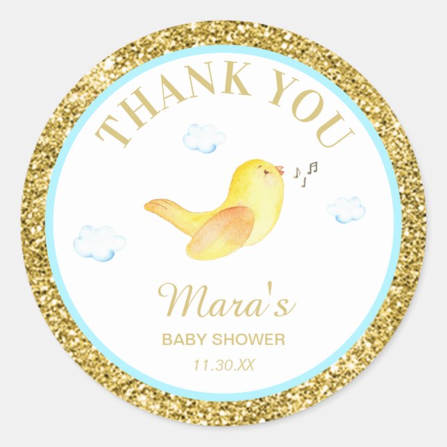 *~* Gelbe Birdie Glitzer Kinderdusche Danke Runder Aufkleber (Vorderseite)