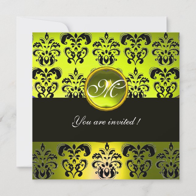 GELBE BLACK DAMASK MONOGRAM, Topaz Einladung (Vorderseite)
