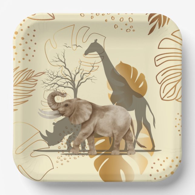 Gelbe Blätter, Elefanten, Giraffen-Papier-Teller Pappteller (Vorderseite)