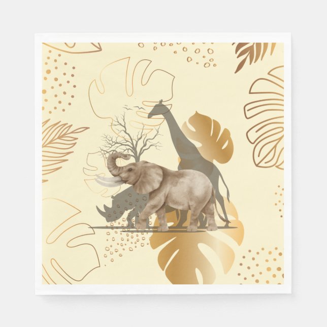 Gelbe Blätter, Elefanten, Giraffen-Papier-Teller Serviette (Vorderseite)