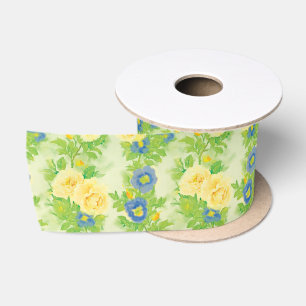 Gelbe Blau-Winden-Blumenmuster der Rosen- Satinband