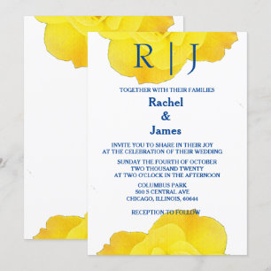 Gelbe blaue blühende Rose Elegante Coole Hochzeit Einladung