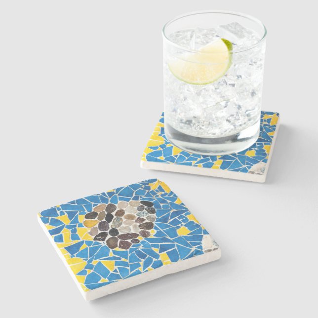 Gelbe blaue Fässer, mosaik Steinuntersetzer (Seitenansicht)