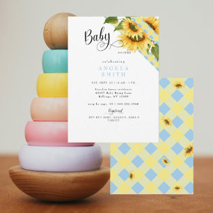 Gelbe Blaue Gingham-Sonnenblumen-Junge-Baby-Party Einladung