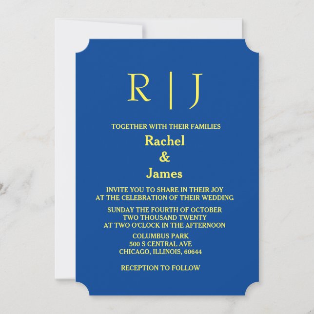 Gelbe blaue Monogramme Minimal Elegante Hochzeit Einladung (Vorderseite)