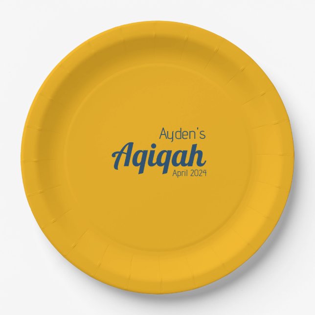 Gelbe blaue Solid-Farbe Schlicht, Aqiqah Babydusch Pappteller (Vorderseite)