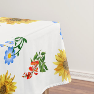 Gelbe Blaue Wildblumen Blumen auf Weiß Tischdecke