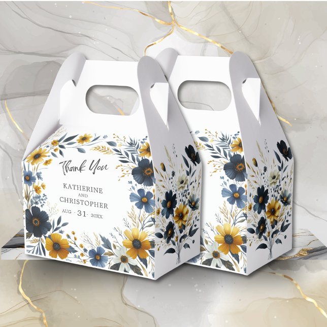 Gelbe blaue Wildblumen Elegante Große Hochzeit Geschenkschachtel (Watercolor Floral Large Wedding Favor Box with Blue and Yellow Wildflowers, Wedding Info, QR Code.)