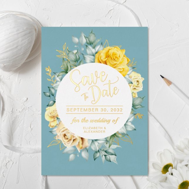 Gelbe blühende Hochzeitsklasse staubblauer Hochzei Folieneinladung (Von Creator hochgeladen)
