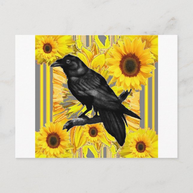 Gelbe blühende schwarze Krähe und Sonnenblumen Kun Postkarte (Vorderseite)