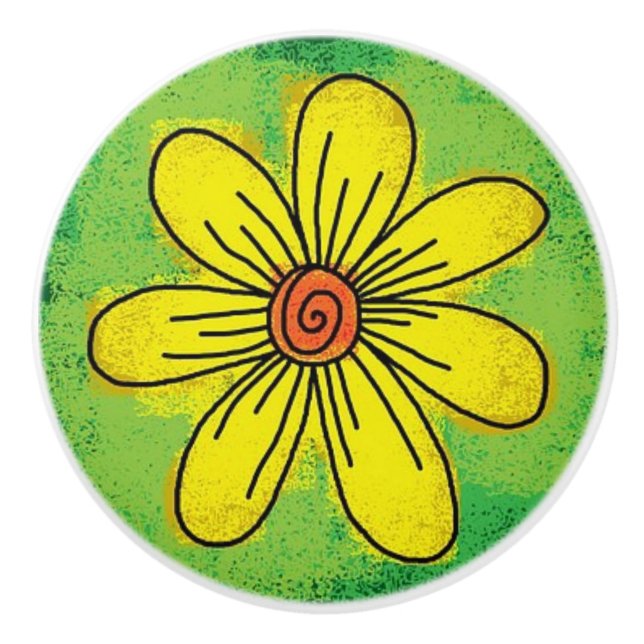 Gelbe Blume auf Green Keramik Pull Keramikknauf (Vorderseite)