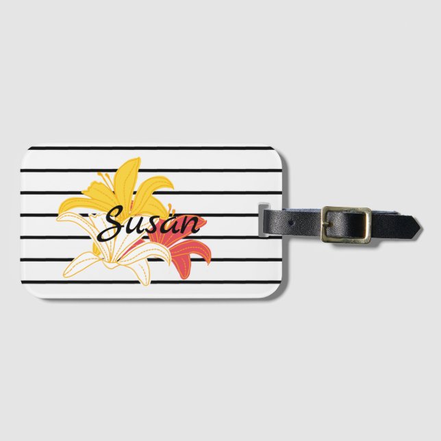 Gelbe Blume auf Schwarz-weißem Streifen Gepäckanhänger (Vorderseite (Horizontal))