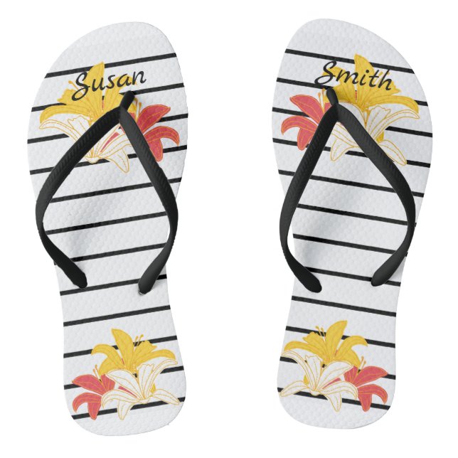 Gelbe Blume auf Schwarz-weißen Streifen Flip Flops (Fußbett)