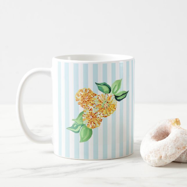 Gelbe Blume Blauer Streifen Kaffeetasse (Mit Donut)
