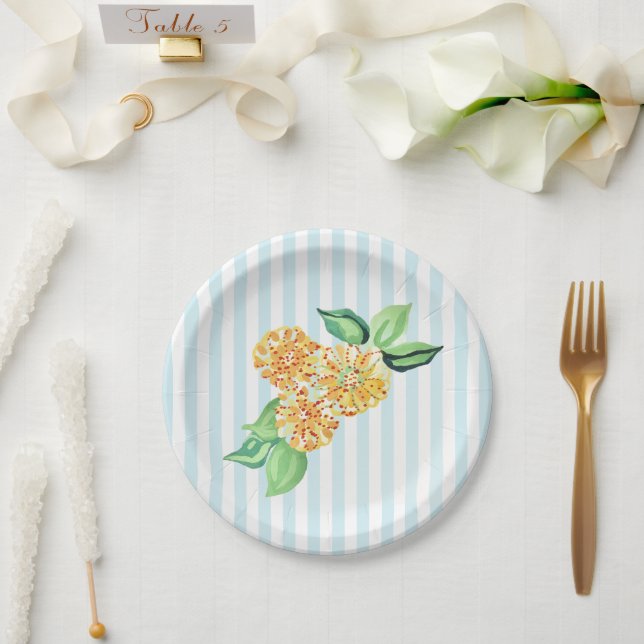 Gelbe Blume Blauer Streifen Pappteller (Hochzeit)