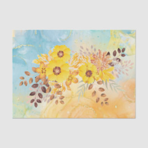Gelbe Blume Blaues Marmor Wasserfarbendekoupage Ti Seidenpapier