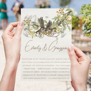 Gelbe Blume Braun Vintage Vögel Einladung Hochzeit