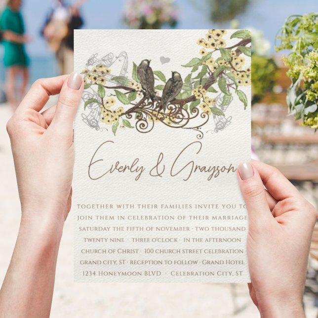 Gelbe Blume Braun Vintage Vögel Einladung Hochzeit (Von Creator hochgeladen)