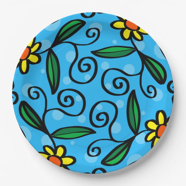 Gelbe Blume Doodle Art Designs Papier Teller (Vorderseite)