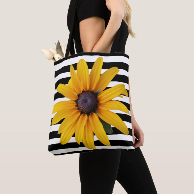 Gelbe Blume Foto Schwarzer Streifen Tote Beutel Tasche (Von Nahem)