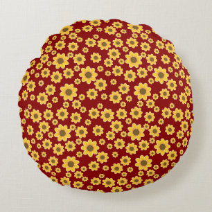 Gelbe Blume Muster auf rotem Hintergrund - Blumenm Rundes Kissen