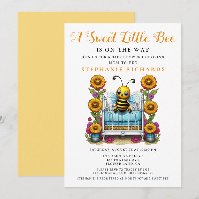 Gelbe Blume Sweet Little Bee Crib Baby Dusche Einladung (Vorne/Hinten)