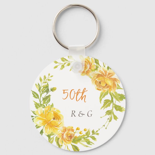Gelbe Blume Wreath 50. Wedding Monogram Schlüsselanhänger (Vorderseite)