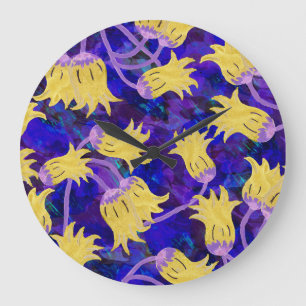 Gelbe Blumen: Aquarellbilder mit dunklem Hintergru Große Wanduhr