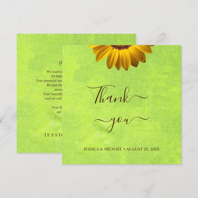 Gelbe Blumen auf Abstrakter Grüner Hochzeit Dankeskarte (Vorne/Hinten)