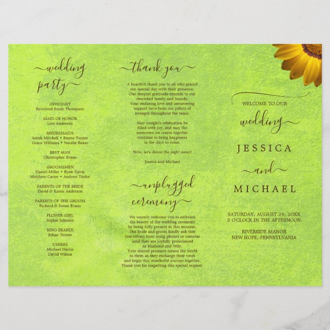 Gelbe Blumen auf Abstrakter Grüner Hochzeit Flyer (Vorne)