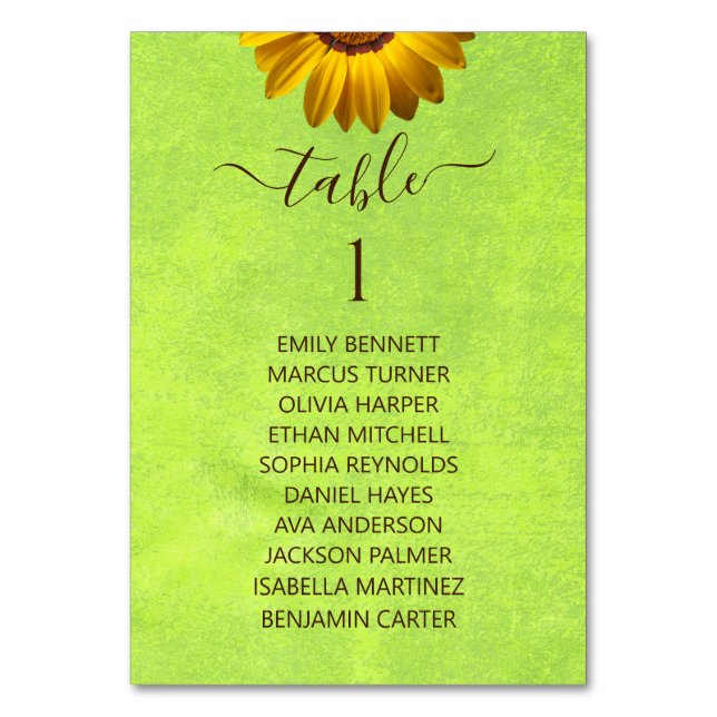 Gelbe Blumen auf Abstrakter Grüner Hochzeit Tischnummer (Vorderseite)