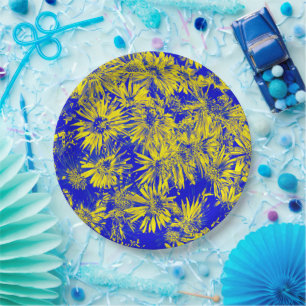 Gelbe Blumen auf blau Pappteller