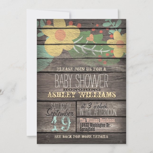 Gelbe Blumen auf der rustikalen Wood Baby Dusche Einladung (Vorderseite)