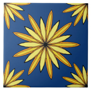 Gelbe Blumen auf einem dunkelblauen Hintergrund Fliese