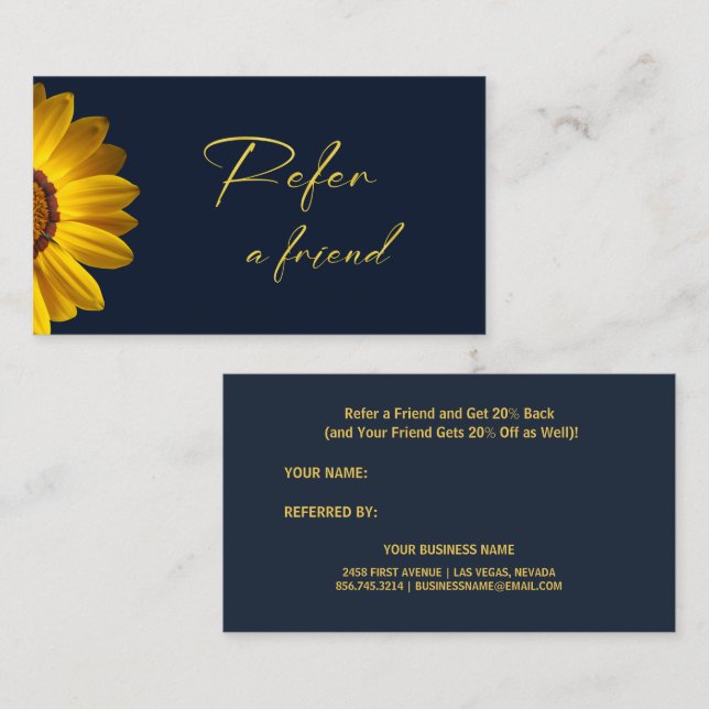 Gelbe Blumen auf Navy Blue-Hintergrund Monogram Empfehlungskarte (Vorne/Hinten)