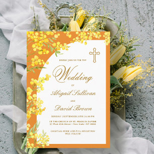 Gelbe Blumen auf orangefarbener religiöser Hochzei Einladung