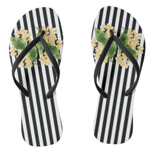Gelbe Blumen auf schwarz-weißen Streifen Flip Flops