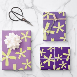 Gelbe Blumen auf violettem Muster Geschenkpapier Set