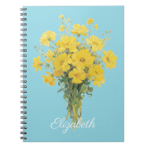 Gelbe Blumen Blaue Hintergrund Florales Bouquet Notizblock
