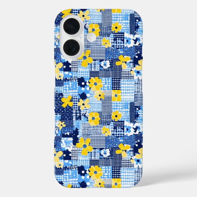 Gelbe Blumen Blaues Muster iPhone 16 Hülle (Rückseite)