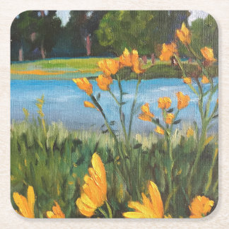 Gelbe Blumen Blaues Wasser Grüne Bäume Landschaft Rechteckiger Pappuntersetzer