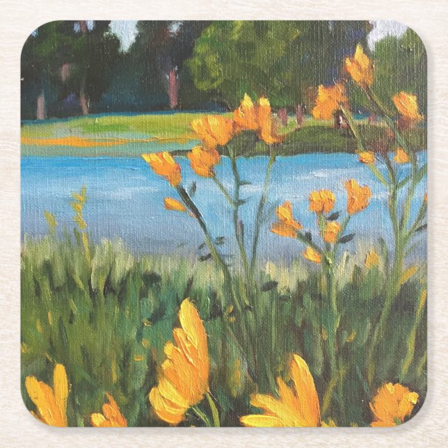 Gelbe Blumen Blaues Wasser Grüne Bäume Landschaft Rechteckiger Pappuntersetzer (Vorderseite)